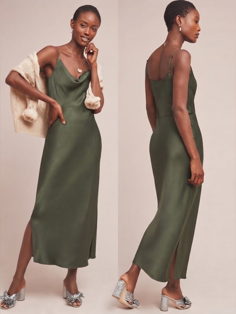 By Anthropologie Bias Satin Slip Maxi Dress Olive Green Sz M Crape Neckline